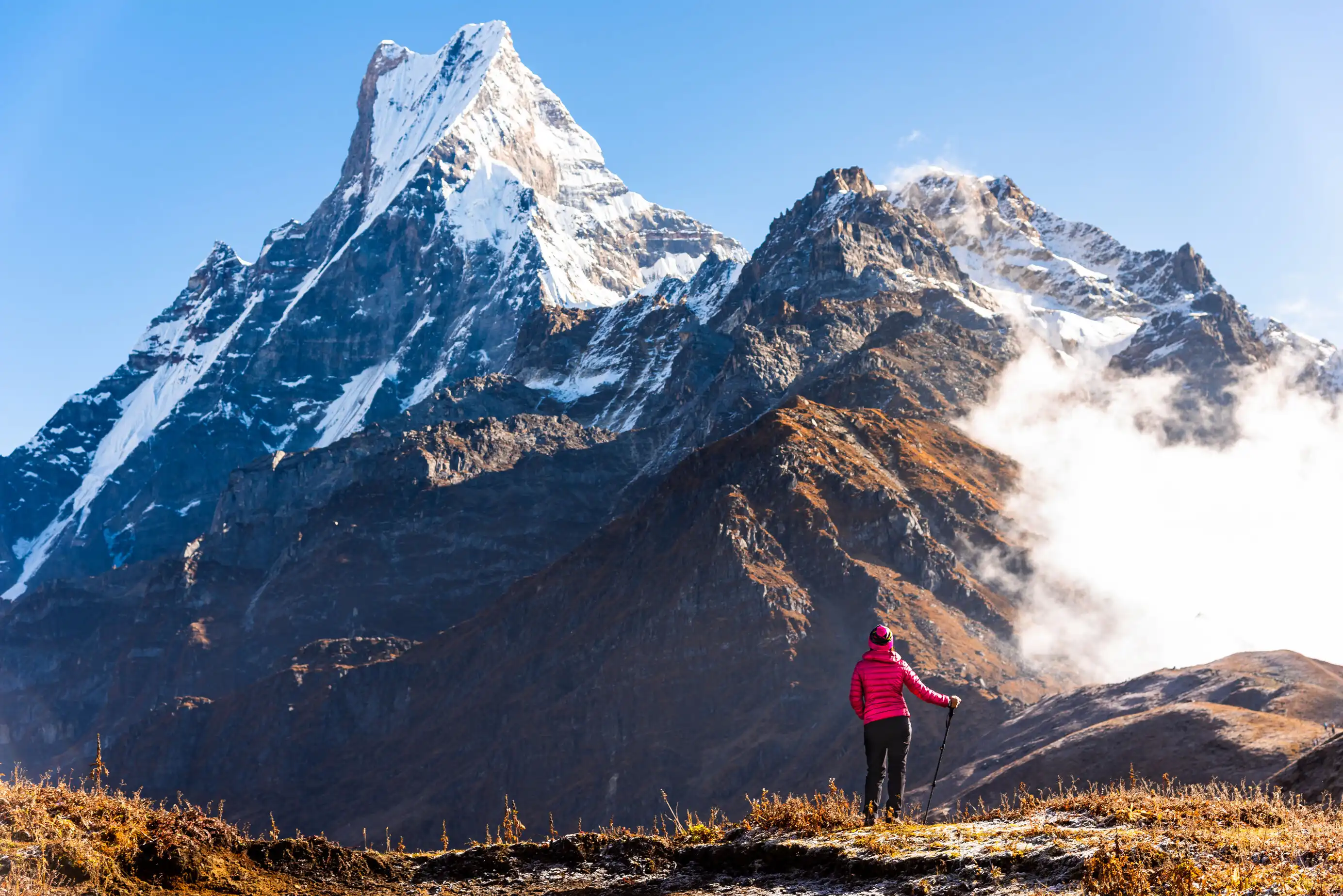 Hiker in bright pink jacket with trekking pole gazing at snowy Mardi Himal mountain under clear blue sky and mist.
