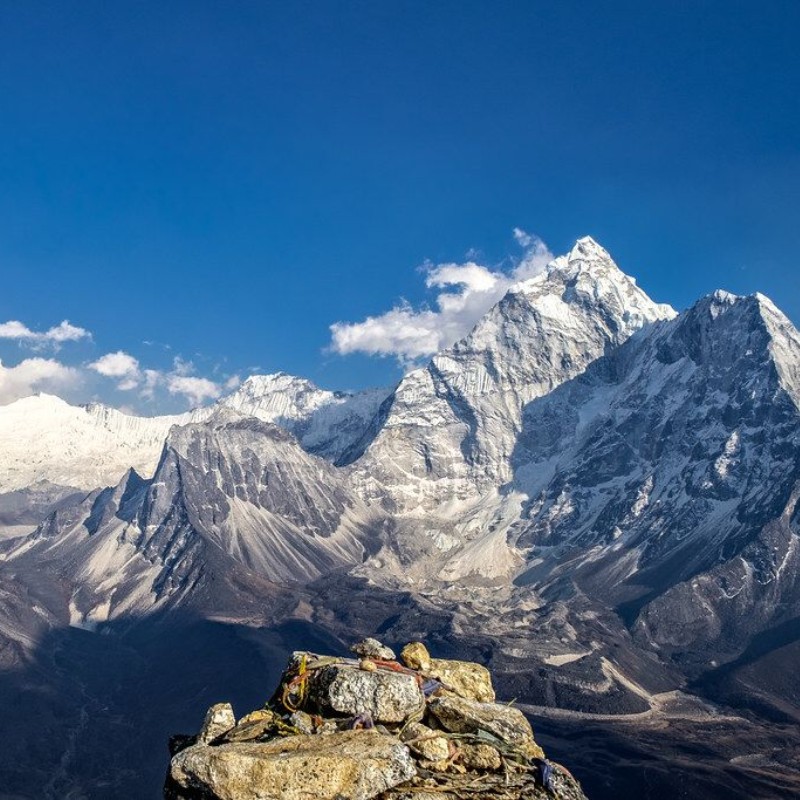 Snow-covered Himalayan peaks viewed from the summit of Nangkartshang near Dingboche.