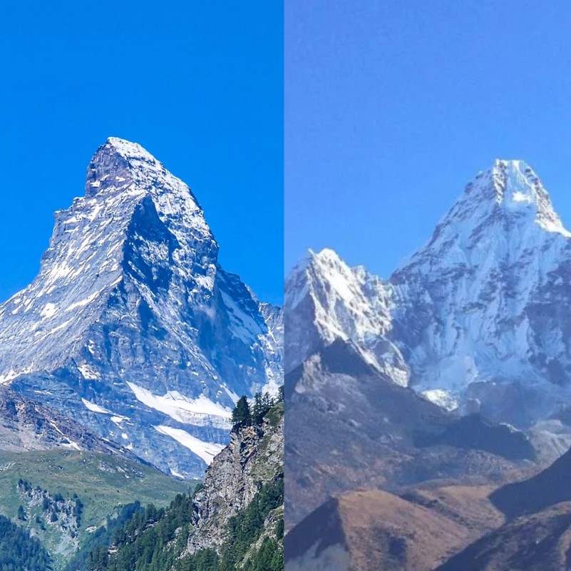 Side-by-side comparison of the Matterhorn in the Swiss Alps and Ama Dablam in the Nepal Himalayas, highlighting their similar steep, pyramid-shaped peaks against clear blue skies.