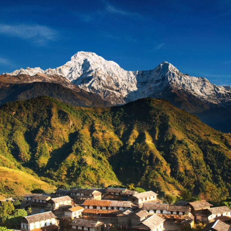 Mount Gangapurna viewed from the Annapurna Sanctuary in Nepal, with snow-covered Himalayan peaks above lush mountain hills and a traditional village