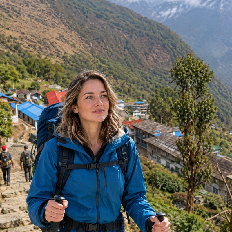 A female trekker in blue trekking gear with a backpack and trekking poles walks along a stone trail through Chomrong village, surrounded by green Himalayan hills, colorful mountain houses, and snow-capped Annapurna peaks in the distance.