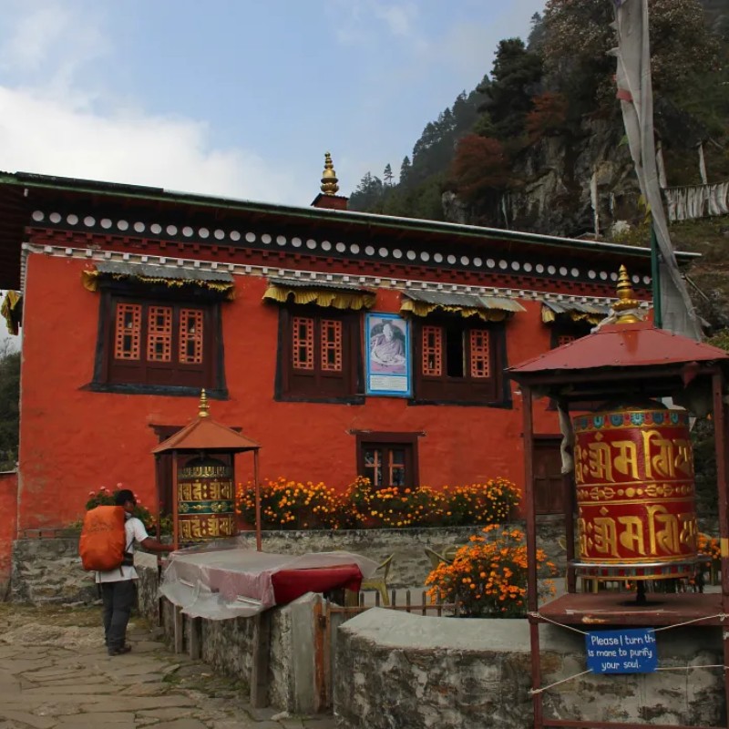 Rimjung Monastery in Phakding with prayer wheels and colorful monastery building