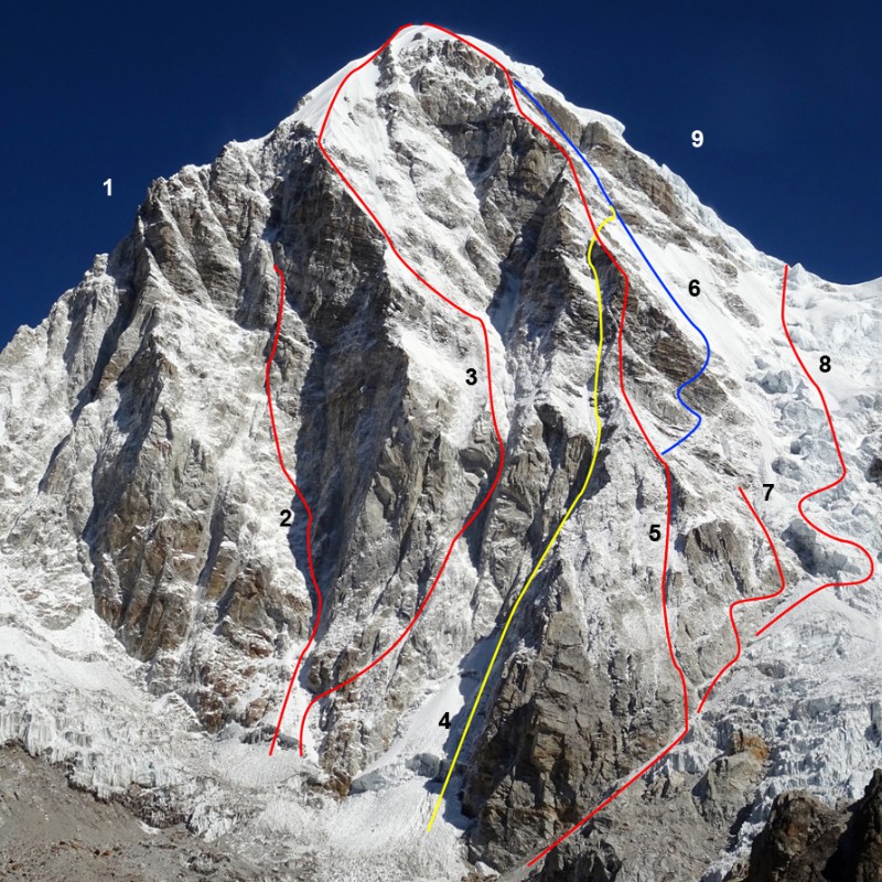 Detailed climbing route map on Mount Pumori’s face in the Nepal Himalayas, showing multiple ascent lines, technical routes, and summit approaches, with route annotations credited to the American Alpine Club.