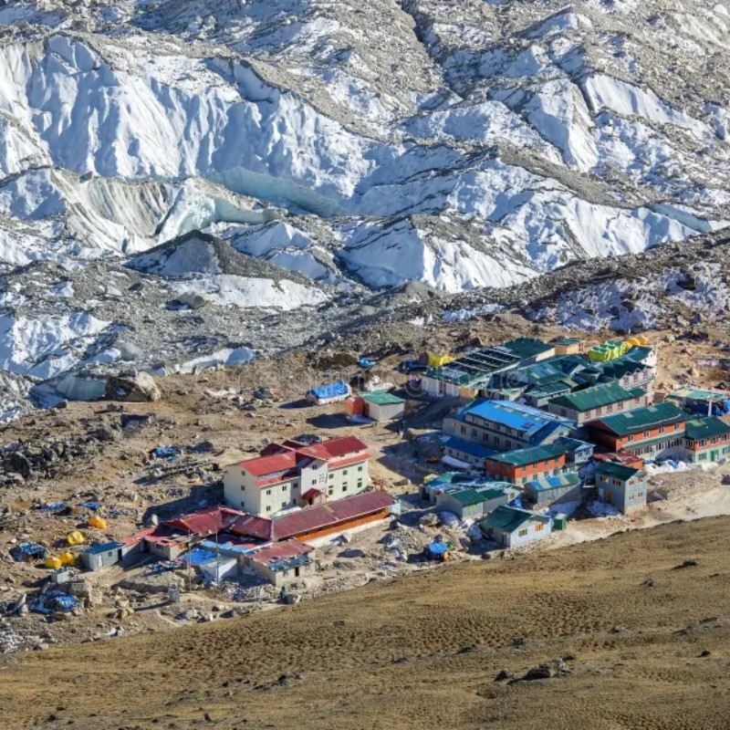 Gorakshep village lodges beside the icy Khumbu Glacier in the Everest region of Nepal.