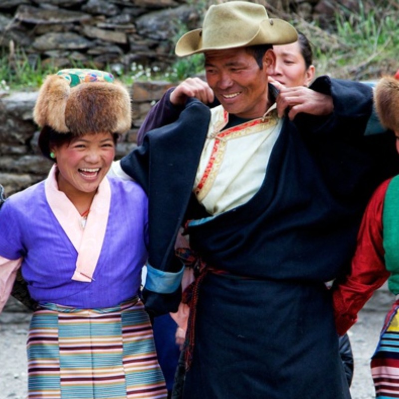 Sherpa people in traditional dress celebrating Lhosar festival in Phakding