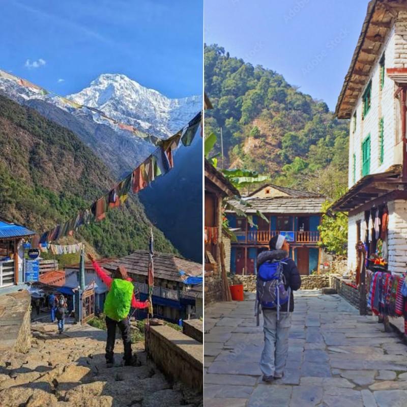 Chhomrong on the North ABC Trail and Ulleri village on the Annapurna trekking route, Nepal, with Himalayan mountain views